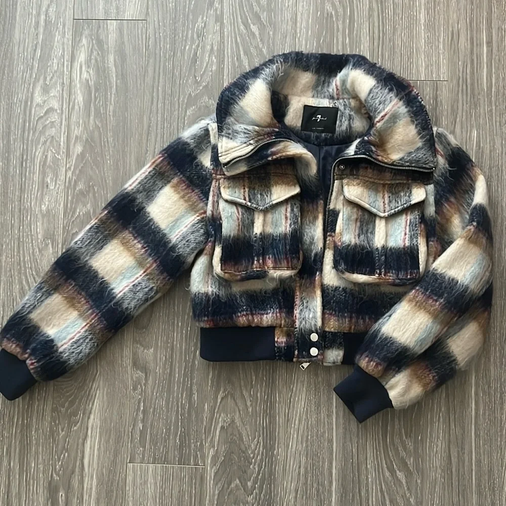 7 For All Mankind Plaid Jacket - Black, Cream, Tan - Picture 1 of 5